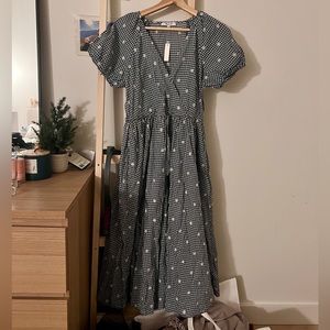 Madewell Embroidered Gingham Faux-Wrap Tie-Waist Midi Dress